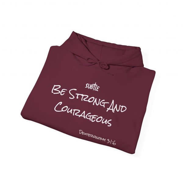 Strong and Courageous by Subtle--Unisex Dark Colored Hoodie, Cozy Sweatshirt, Faith-Based Inspirational Apparel, Deuteronomy 31:6 - Image 4