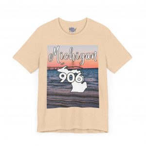 Michigan 906 Area Code by State of Mine Short Sleeve Tee - Mackinac Bridge, Unisex Jersey T-Shirt, Perfect Gift for Beach Lovers, Summer Style, Michigan Souvenir