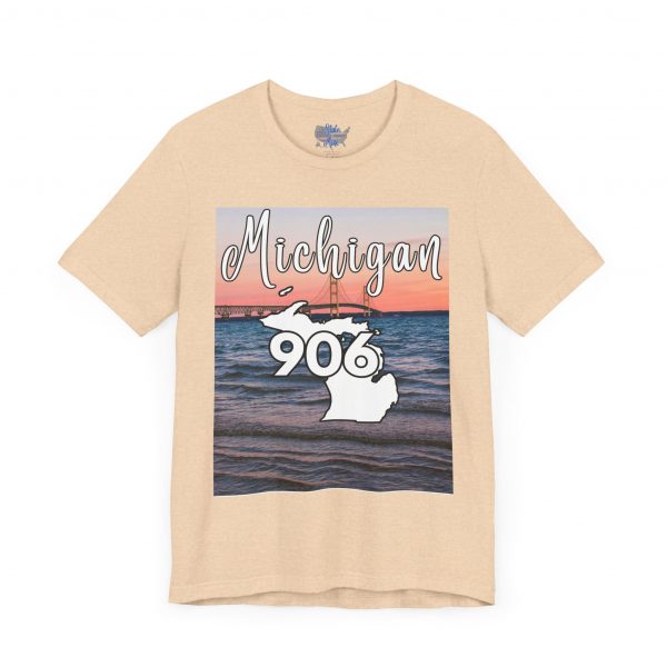 Michigan 906 Area Code by State of Mine Short Sleeve Tee - Mackinac Bridge, Unisex Jersey T-Shirt, Perfect Gift for Beach Lovers, Summer Style, Michigan Souvenir