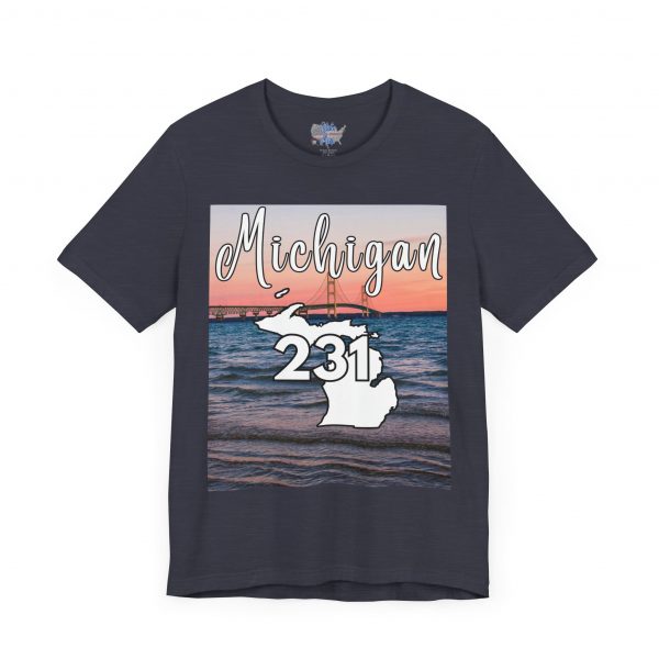 Michigan 231 Area Code by State of Mine Short Sleeve Tee - Mackinac Bridge, Unisex Jersey T-Shirt, Perfect Gift for Beach Lovers, Summer Style, Michigan Souvenir - Image 40