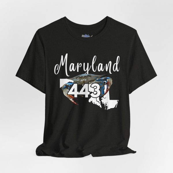 Maryland Blue Crab Design 443 Area Code by State of Mine Short Sleeve Tee, Unisex Summer Shirt, State Pride Tee, Beach T-Shirt, Gift for Marylanders