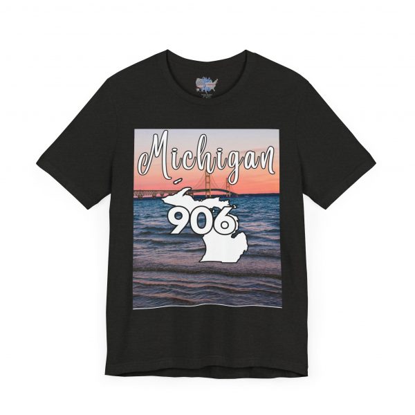Michigan 906 Area Code by State of Mine Short Sleeve Tee - Mackinac Bridge, Unisex Jersey T-Shirt, Perfect Gift for Beach Lovers, Summer Style, Michigan Souvenir - Image 5