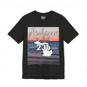 Michigan 231 Area Code by State of Mine Short Sleeve Tee - Mackinac Bridge, Unisex Jersey T-Shirt, Perfect Gift for Beach Lovers, Summer Style, Michigan Souvenir