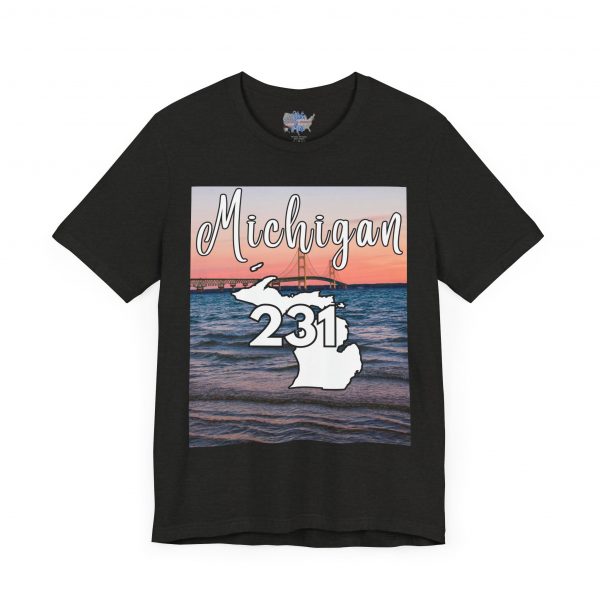 Michigan 231 Area Code by State of Mine Short Sleeve Tee - Mackinac Bridge, Unisex Jersey T-Shirt, Perfect Gift for Beach Lovers, Summer Style, Michigan Souvenir