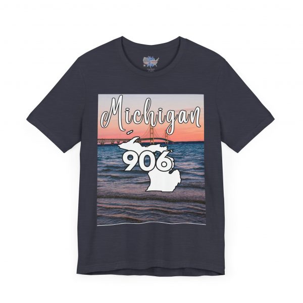 Michigan 906 Area Code by State of Mine Short Sleeve Tee - Mackinac Bridge, Unisex Jersey T-Shirt, Perfect Gift for Beach Lovers, Summer Style, Michigan Souvenir - Image 40