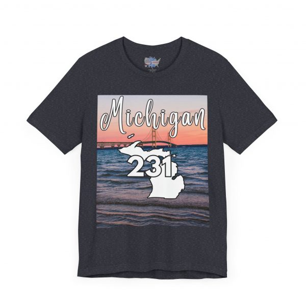Michigan 231 Area Code by State of Mine Short Sleeve Tee - Mackinac Bridge, Unisex Jersey T-Shirt, Perfect Gift for Beach Lovers, Summer Style, Michigan Souvenir - Image 36