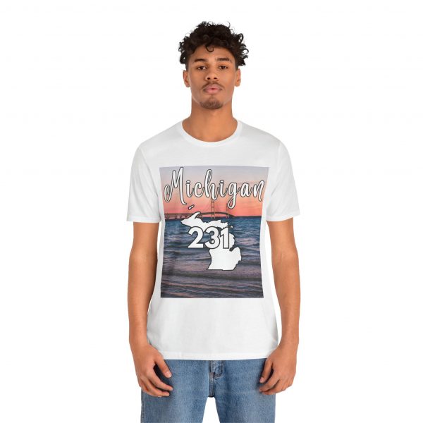 Michigan 231 Area Code by State of Mine Short Sleeve Tee - Mackinac Bridge, Unisex Jersey T-Shirt, Perfect Gift for Beach Lovers, Summer Style, Michigan Souvenir - Image 5