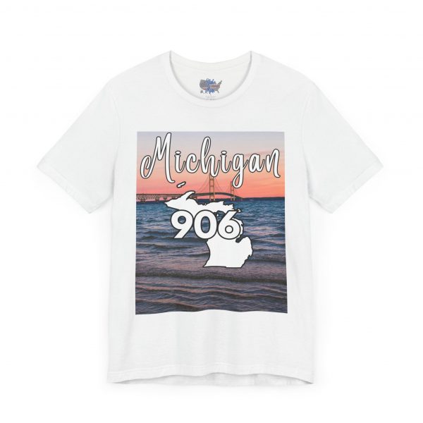 Michigan 906 Area Code by State of Mine Short Sleeve Tee - Mackinac Bridge, Unisex Jersey T-Shirt, Perfect Gift for Beach Lovers, Summer Style, Michigan Souvenir - Image 8