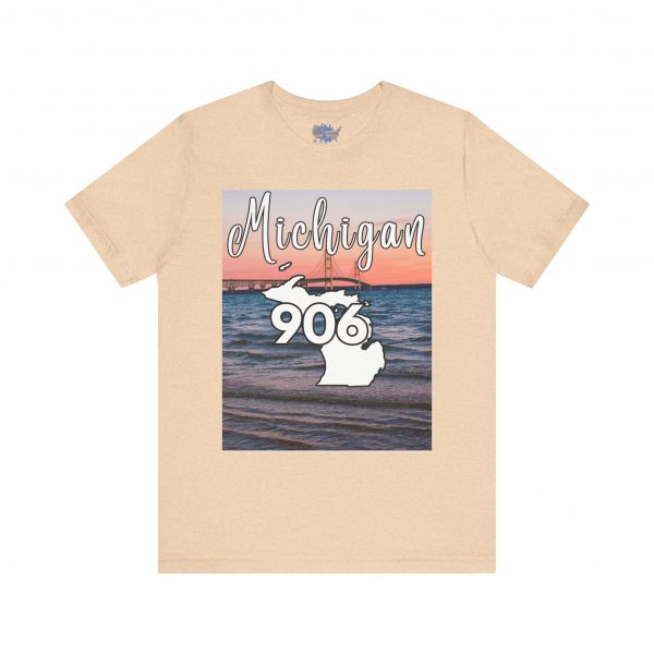 Michigan 906 Area Code by State of Mine Short Sleeve Tee - Mackinac Bridge, Unisex Jersey T-Shirt, Perfect Gift for Beach Lovers, Summer Style, Michigan Souvenir - Image 2