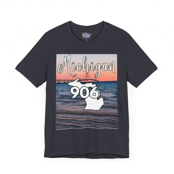 Michigan 906 Area Code by State of Mine Short Sleeve Tee - Mackinac Bridge, Unisex Jersey T-Shirt, Perfect Gift for Beach Lovers, Summer Style, Michigan Souvenir - Image 36