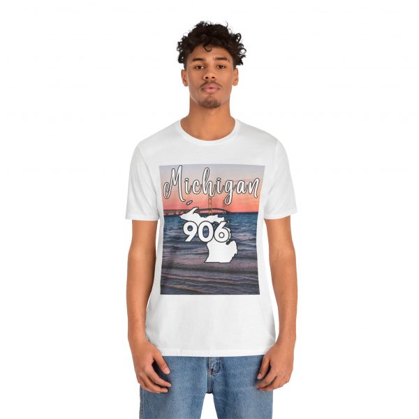 Michigan 906 Area Code by State of Mine Short Sleeve Tee - Mackinac Bridge, Unisex Jersey T-Shirt, Perfect Gift for Beach Lovers, Summer Style, Michigan Souvenir - Image 9