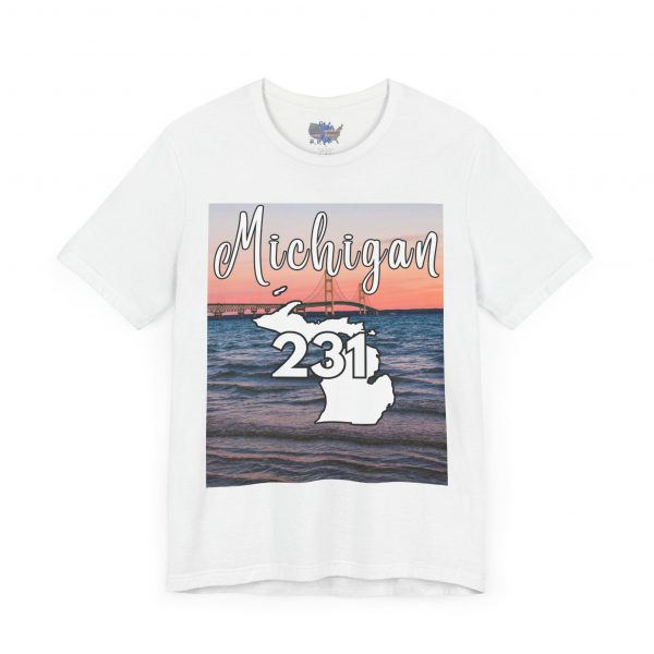 Michigan 231 Area Code by State of Mine Short Sleeve Tee - Mackinac Bridge, Unisex Jersey T-Shirt, Perfect Gift for Beach Lovers, Summer Style, Michigan Souvenir - Image 4